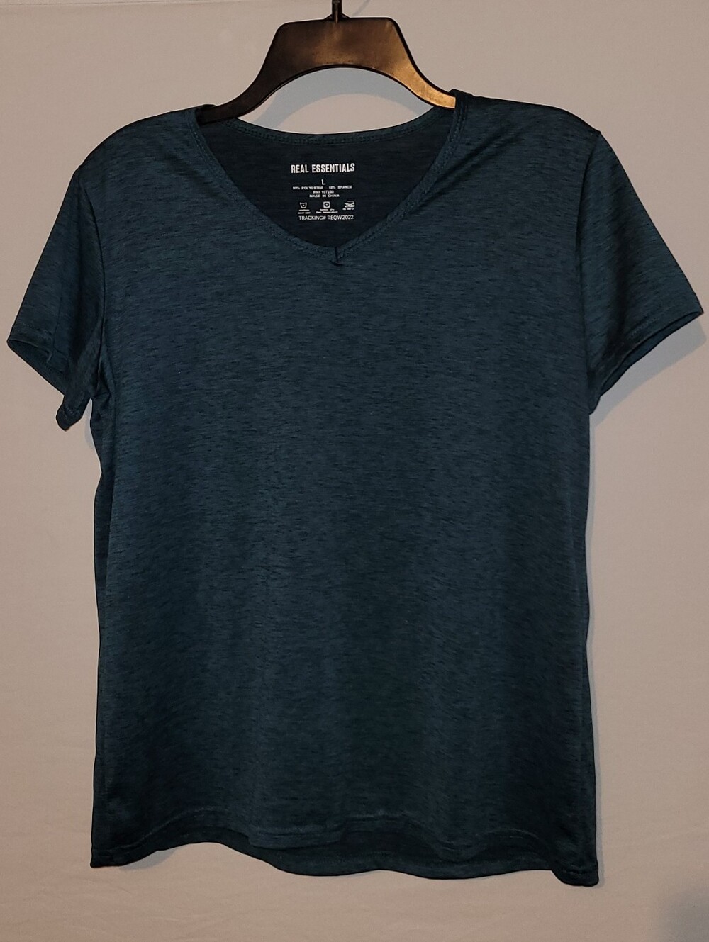 Real Essentials Women's Dark Teal V-Neck Short Sleeve Tee, L